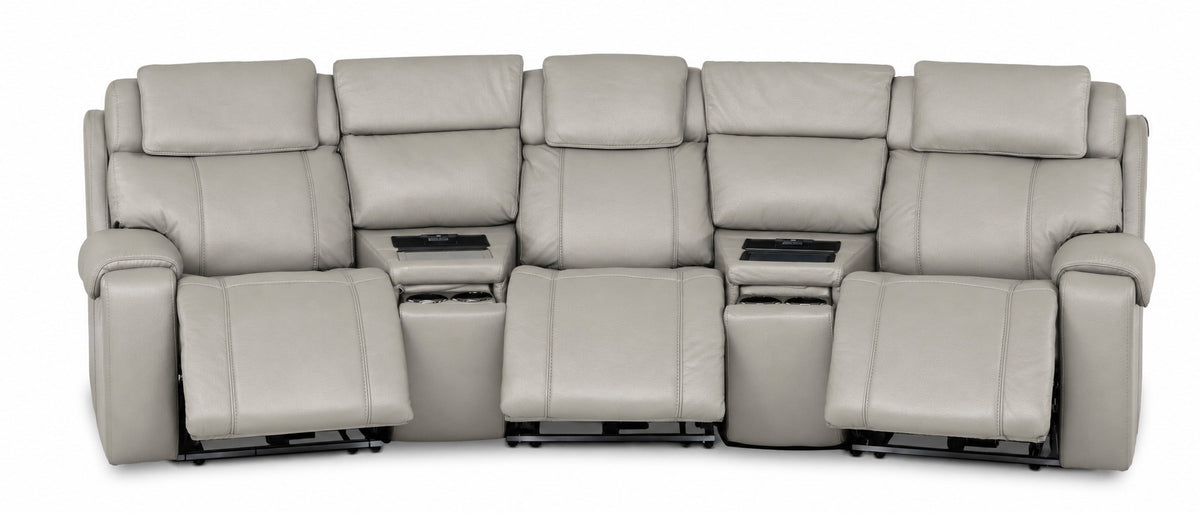 Velocity light grey home theatre seating front view with three extended footrests and two integrated consoles