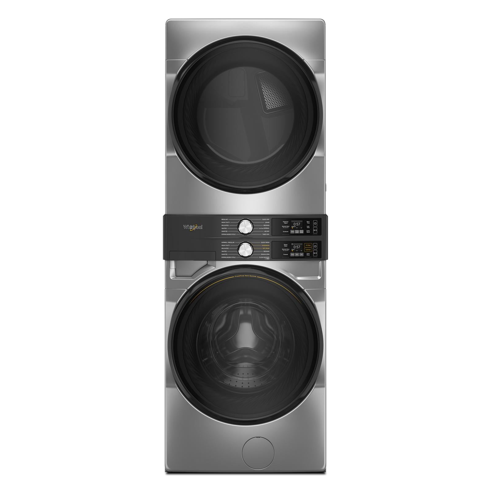 Whirlpool Radiant Silver Front Load Laundry Tower with FreshFlowTM Vent System and UV Clean Technology (5.2 cu. ft. Washer & 7.4 cu. ft. Gas Dryer) - WGF5727TR