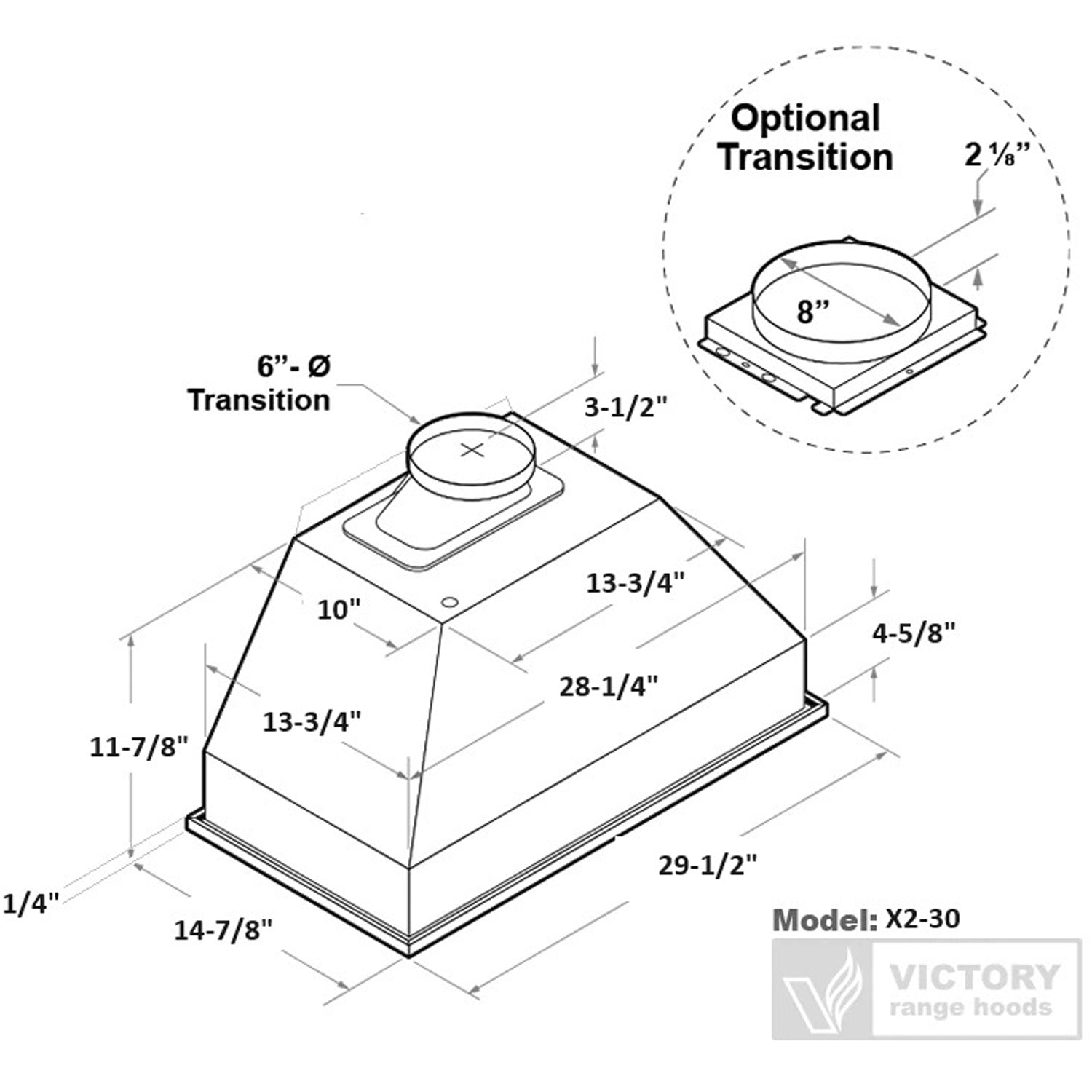 VICTORY Stainless Steel 30-Inch 700 CFM Insert Range Hood - X2-30
