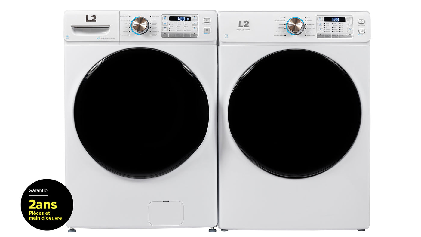 L2 White Front Load Washer with French Display (5.2 Cu. Ft) & White Electric Dryer with French Display (8.0 Cu. Ft) - LF52N3AWWFR/LE52N3AWWFR