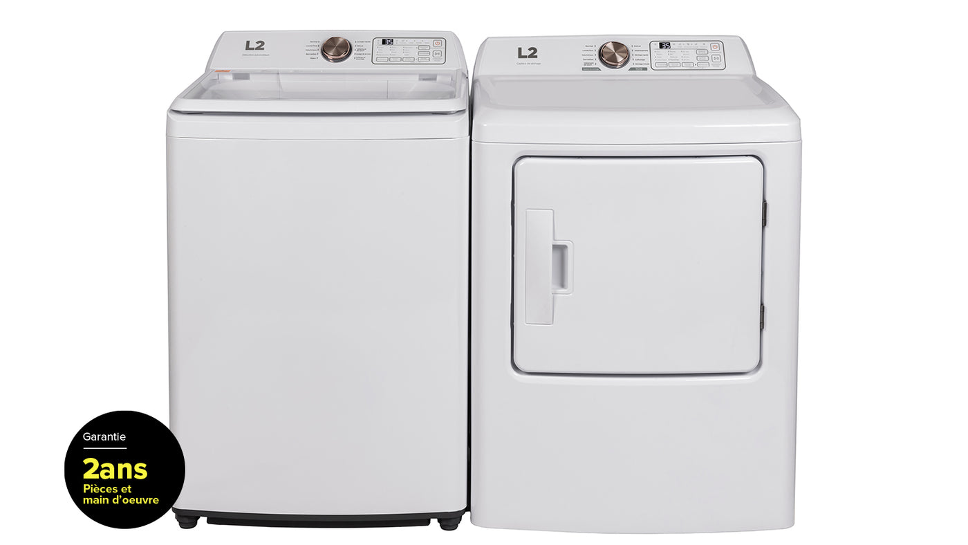 L2 White Top Load Washer with French Display (4.3 Cu. Ft) & White Electric Dryer with French Display (6.7 Cu. Ft) - LT43A3AWWFR/LE43A3AWWFR