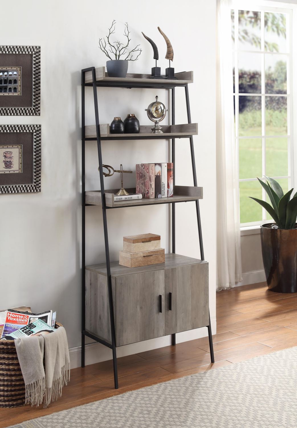Jacquier 4-Shelf Bookcase with Cabinet - Grey Oak