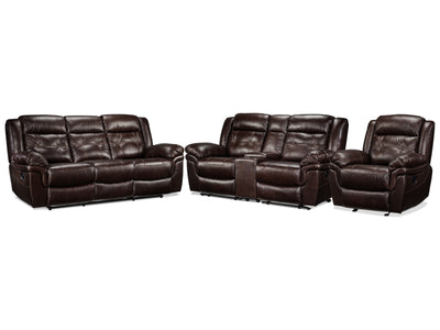 Cooper Leather Reclining Sofa, Reclining Loveseat with Console and Recliner Set - Brown