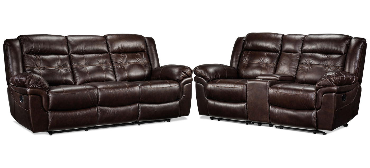 Cooper Leather Reclining Sofa and Loveseat with Console Set - Brown