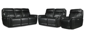 Stallion Leather Dual Power Reclining Sofa, Loveseat and Chair Set - Midnight Black