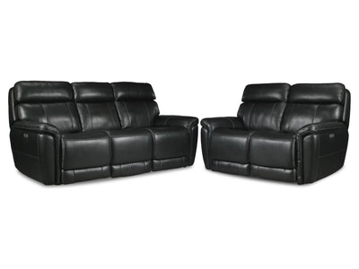 Stallion Leather Dual Power Reclining Sofa and Loveseat Set - Midnight Black