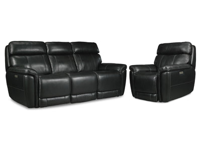 Stallion Leather Dual Power Reclining Sofa and Chair Set - Midnight Black