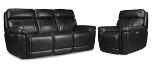 Stallion Leather Dual Power Reclining Sofa and Chair Set - Midnight Black