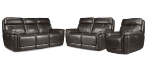 Stallion Leather Dual Power Reclining Sofa, Loveseat and Chair Set - Dark Grey
