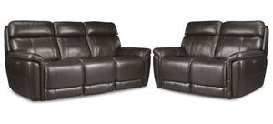 Stallion Leather Dual Power Reclining Sofa and Loveseat Set - Dark Grey