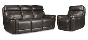 Stallion Leather Dual Power Reclining Sofa and Chair Set - Dark Grey
