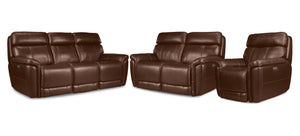 Stallion Leather Dual Power Reclining Sofa, Loveseat and Chair Set - Chestnut