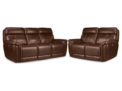 Stallion Leather Dual Power Reclining Sofa and Loveseat Set - Chestnut