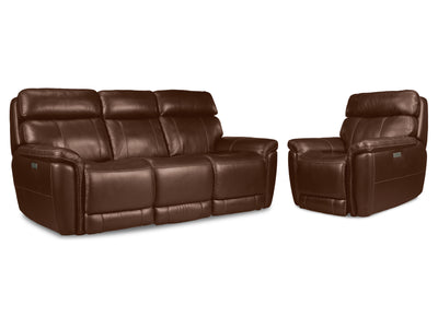 Stallion Leather Dual Power Reclining Sofa and Chair Set - Chestnut