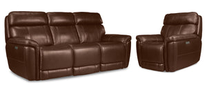 Stallion Leather Dual Power Reclining Sofa and Chair Set - Chestnut