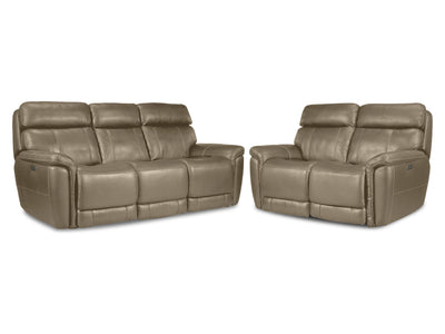 Stallion Leather Dual Power Reclining Sofa and Loveseat Set - Pebble
