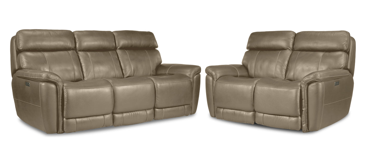Stallion Leather Dual Power Reclining Sofa and Loveseat Set - Pebble