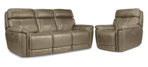 Stallion Leather Dual Power Reclining Sofa and Chair Set - Pebble