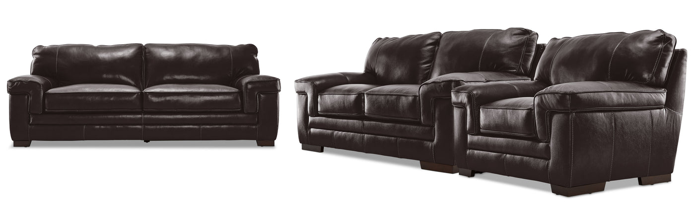Stampede Leather Sofa, Loveseat and Chair Set - Coffee