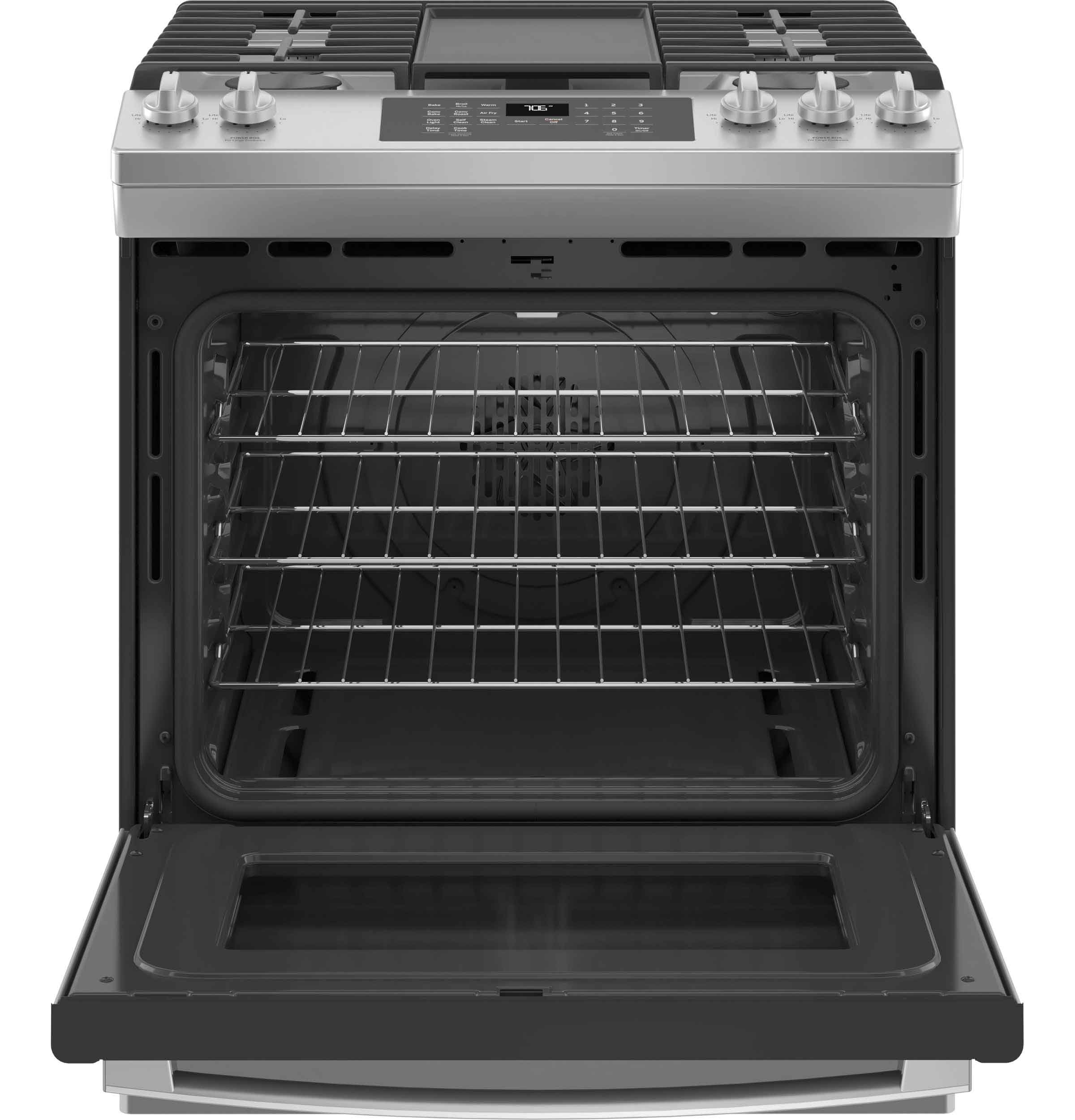 GE Stainless Steel 30" Slide-In Gas Convection Range with Air Fry (5.6 Cu. Ft.) - JCGS760SPSS