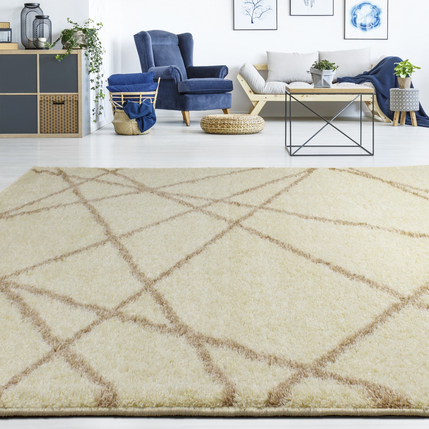 Finesse 7'10" X 10'6" Lines Crossing Shag Rug - Cream Beige Area Rug