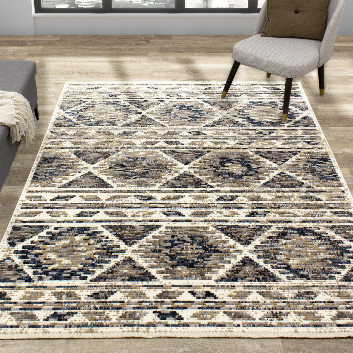 Natick 5'3" X 7'7" Hexagon Bands Rug - Blue Cream Area Rug