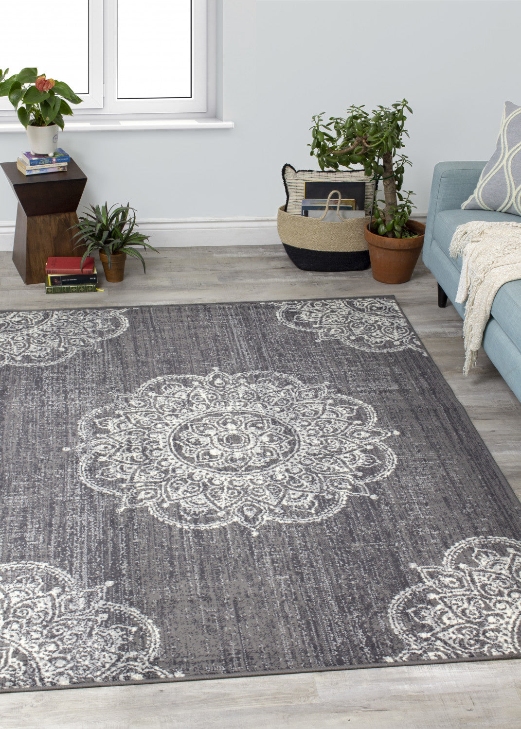 Fiona  7'8" X 10'6" Medallion Stamps Rug - Grey Cream Area Rug