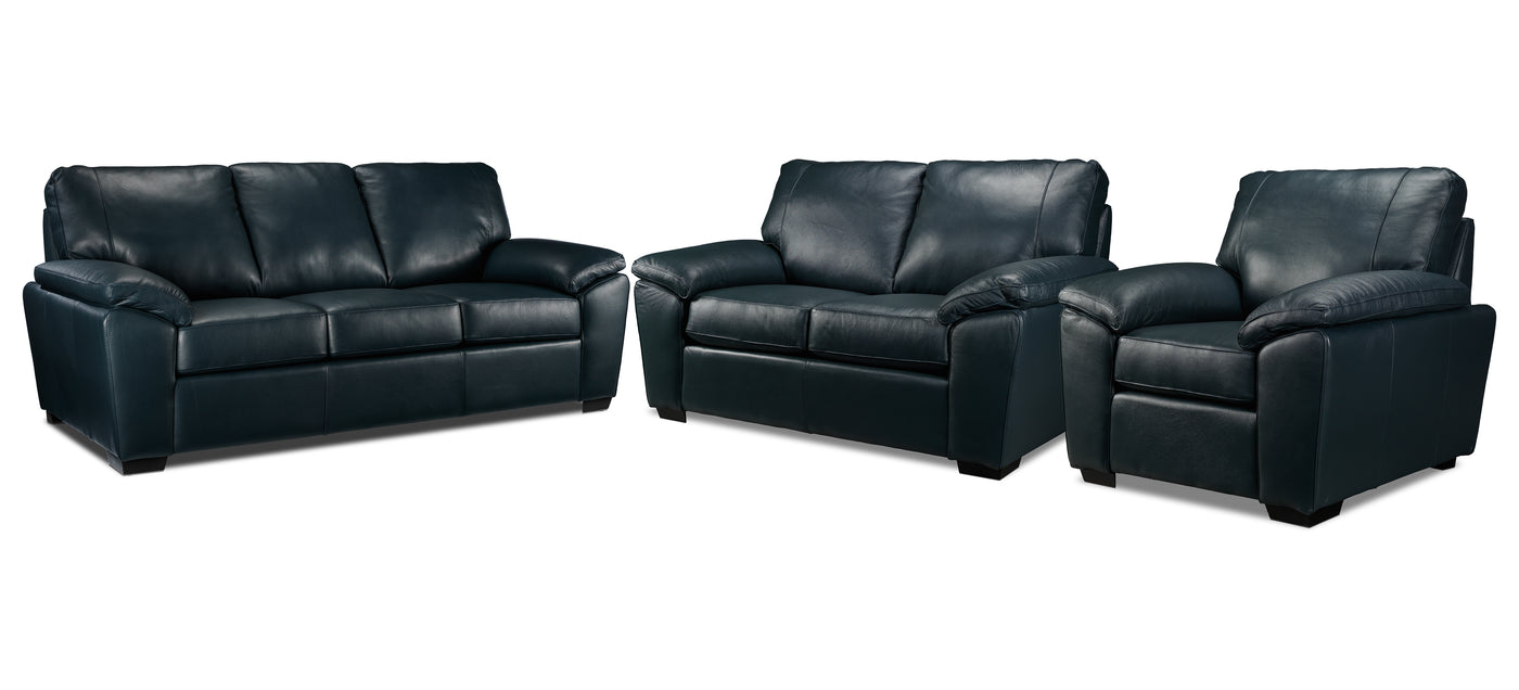 Gaetano Leather Sofa, Loveseat and Chair Set - Havana Atlantic Blue