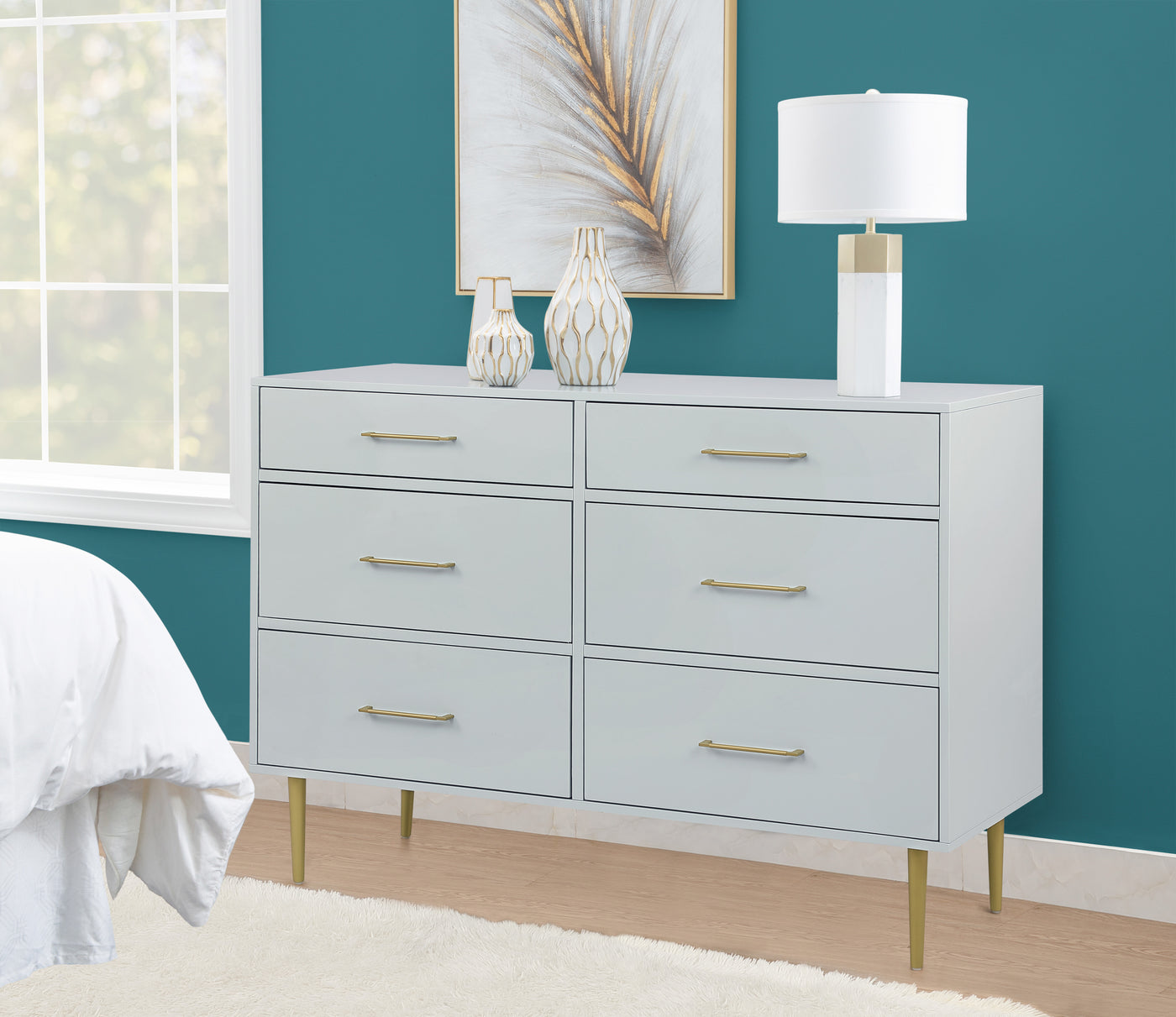 Valerie Glam 6 Drawer Dresser - Light Grey