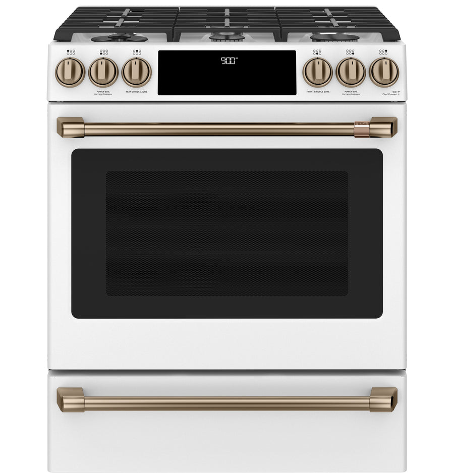 Café™ Matte White 30'' Slide-In Front Control Dual-Fuel Convection Range with Air Fry and Warming Drawer (5.7 Cu.Ft) - CC2S900P4MW2