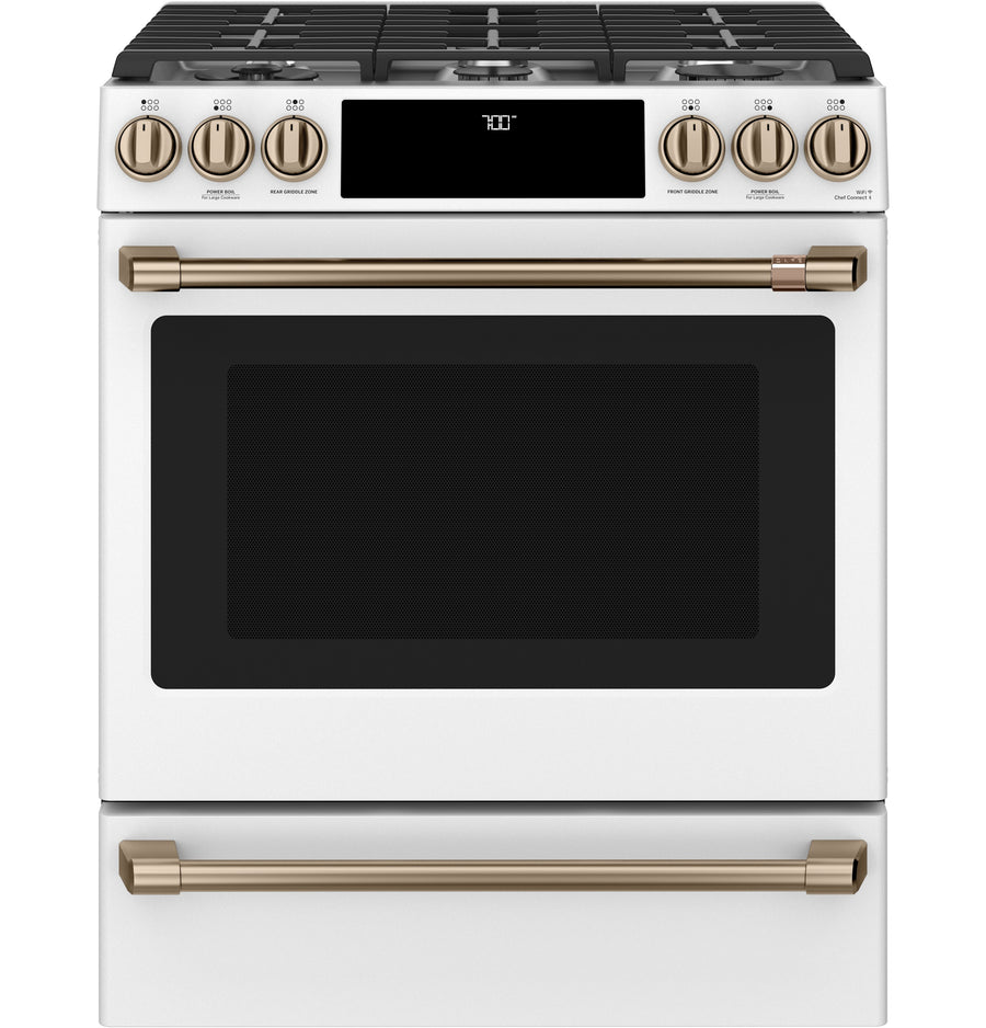 Café™ Matte White 30'' Slide-In Front Control Gas Oven with Convection Range and Air Fry (5.6 Cu.Ft) - CCGS700P4MW2