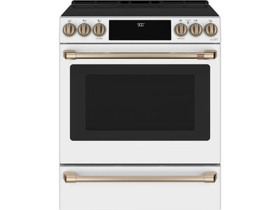 Café™ Matte White 30'' Slide-In Front Control Induction and Convection Range with Warming Drawer (5.7 Cu.Ft) - CCHS900P4MW2