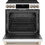 Café™ Matte White 30'' Slide-In Front Control Induction and Convection Range with Warming Drawer (5.7 Cu.Ft) - CCHS900P4MW2