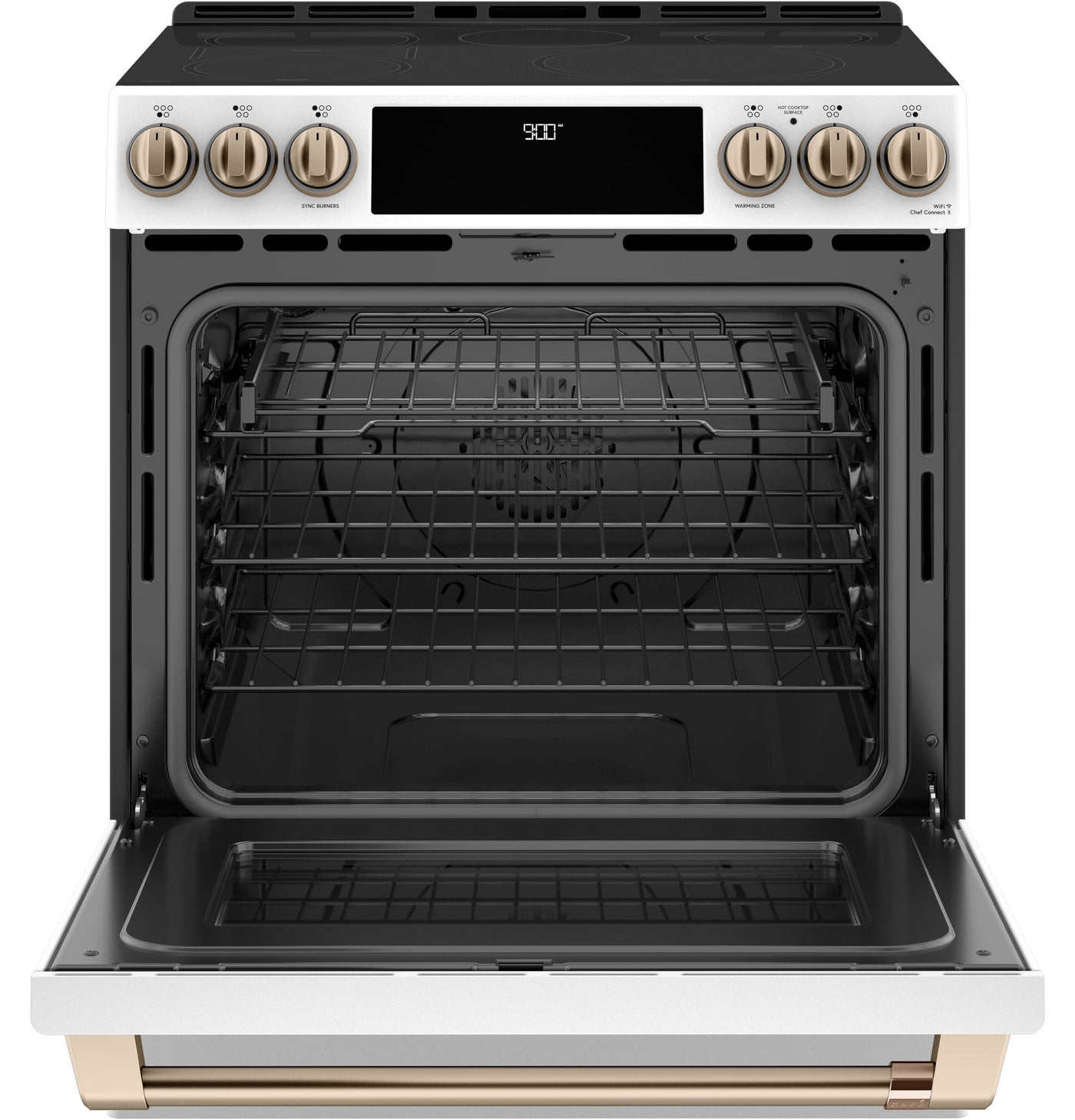 Café™ Matte White 30'' Slide-In Front Control Induction and Convection Range with Warming Drawer (5.7 Cu.Ft) - CCHS900P4MW2