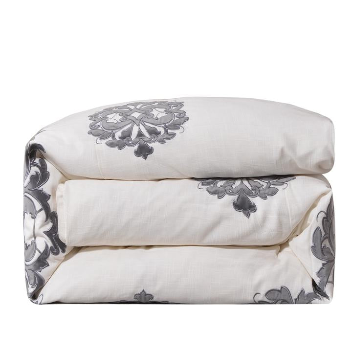Boynton Linen Embroidery Queen Duvet Cover - White / Grey