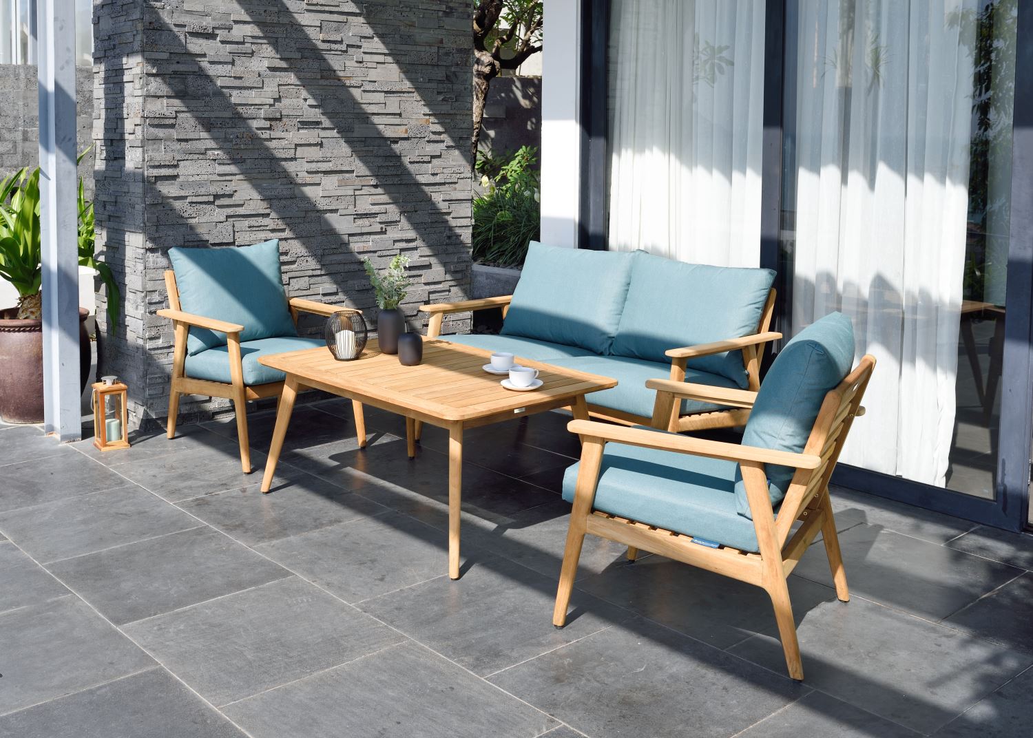 Bandrele Teak Outdoor Conversation - Set of 4 - Green/Natural