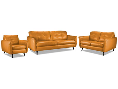 Carlino Leather Sofa, Loveseat and Chair Set - Honey Yellow