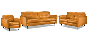 Carlino Leather Sofa, Loveseat and Chair Set - Honey Yellow