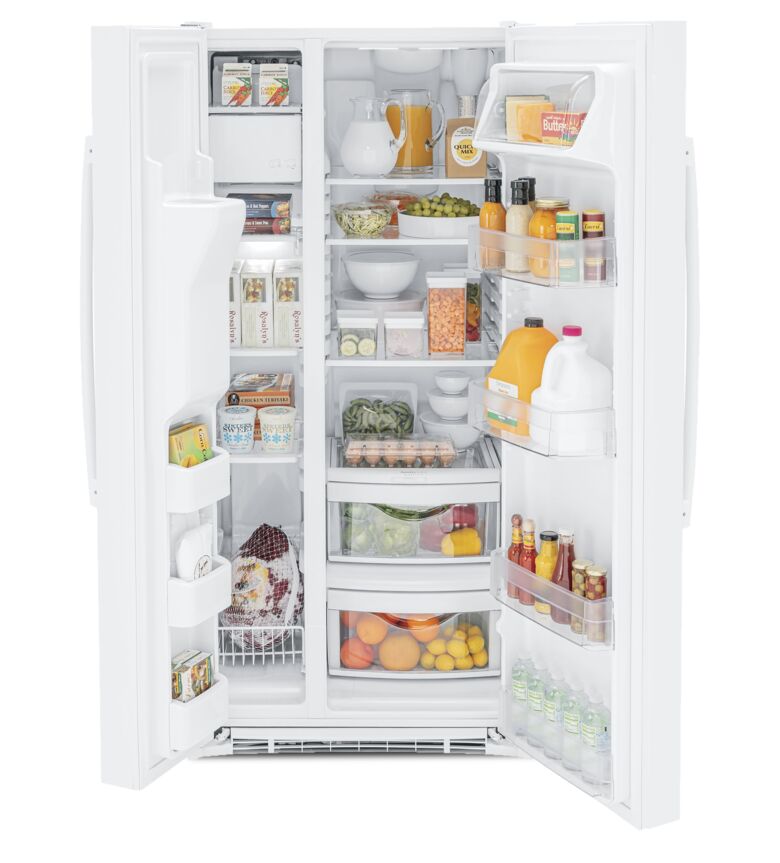 GE White 33" Side-by-Side Refrigerator with Ice & Water Dispenser (23 Cu. Ft.)- GSS23GGPWW