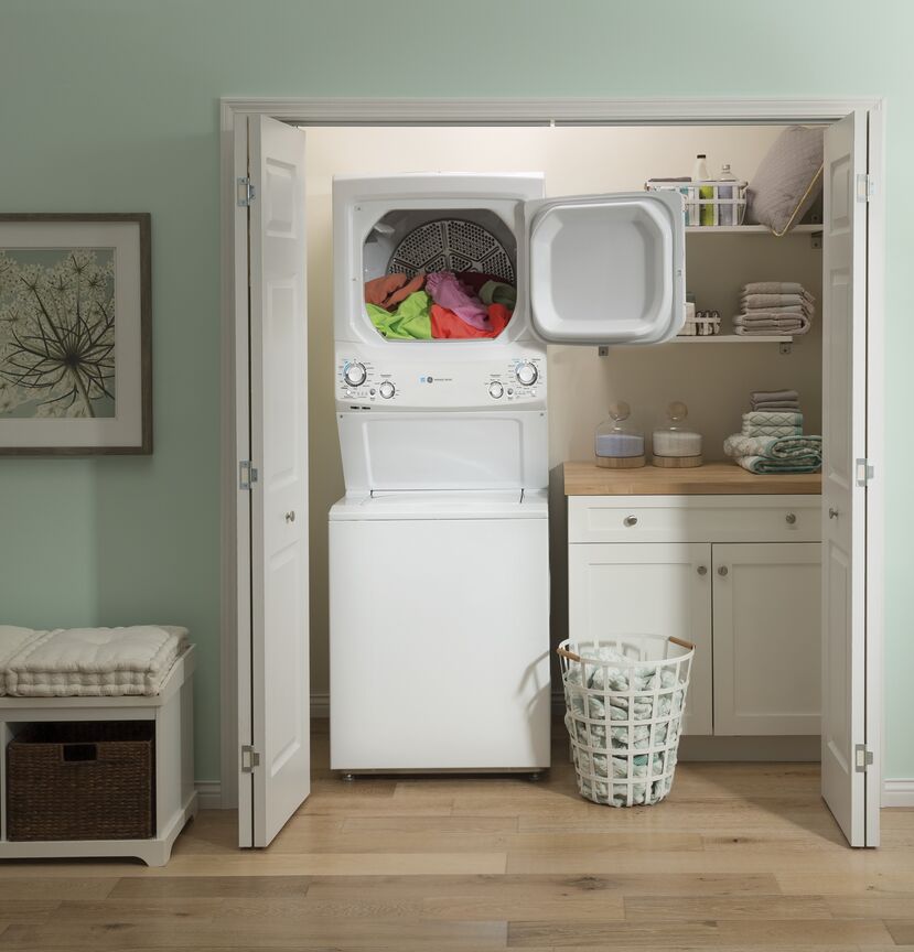 GE White Unitized Spacemaker Washer (4.5 Cu.Ft.) and White Electric Dryer (5.9 Cu.Ft.) - GUD27EEMNWW