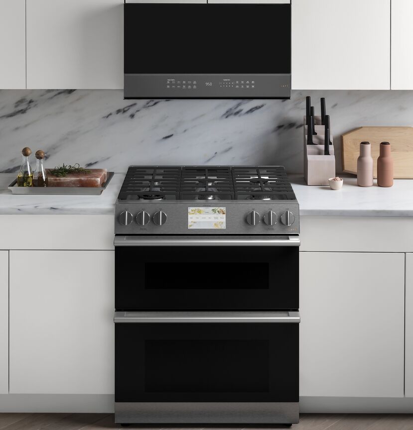 Café Platinum Glass 30" Slide-in Front-Control Dual-Fuel Range (7.0 Cu.Ft) - CC2S950M2NS5