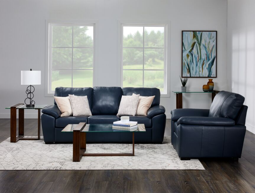 Gaetano Leather Sofa and Chair Set - Havana Atlantic Blue