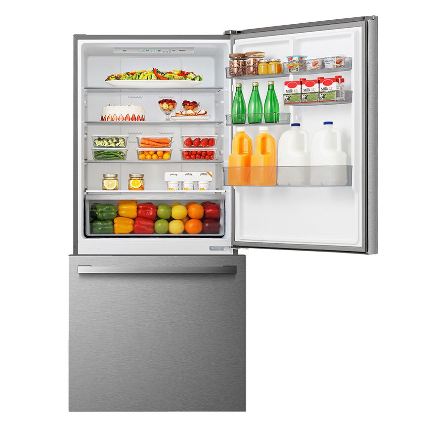 Hisense Fingerprint Resistant Titanium 32" Counter-Depth Bottom Mount Fridge (17 Cu.Ft) - RB17A2CSE door open with food