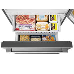 Hisense Fingerprint Resistant Titanium 32" Counter-Depth Bottom Mount Fridge (17 Cu.Ft) - RB17A2CSE freezer open ariel view with food