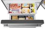 Hisense Fingerprint Resistant Titanium 32" Counter-Depth Bottom Mount Fridge (17 Cu.Ft) - RB17A2CSE freezer open ariel view with food