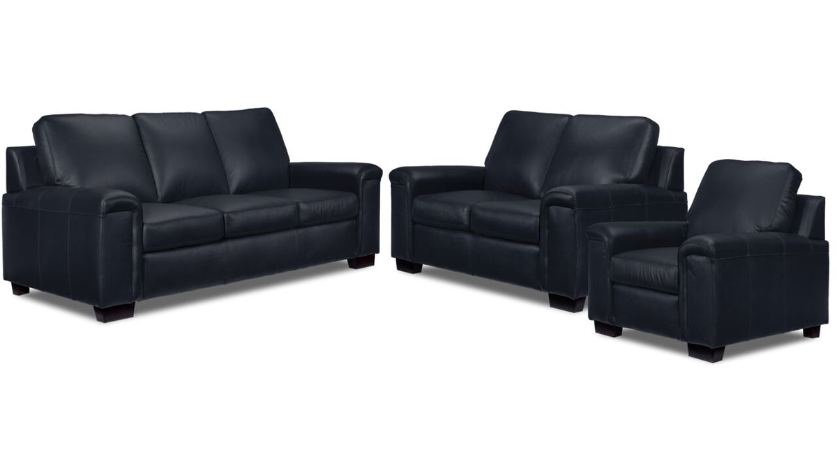 Icon Leather Sofa, Loveseat and Chair Set Navy Leon's