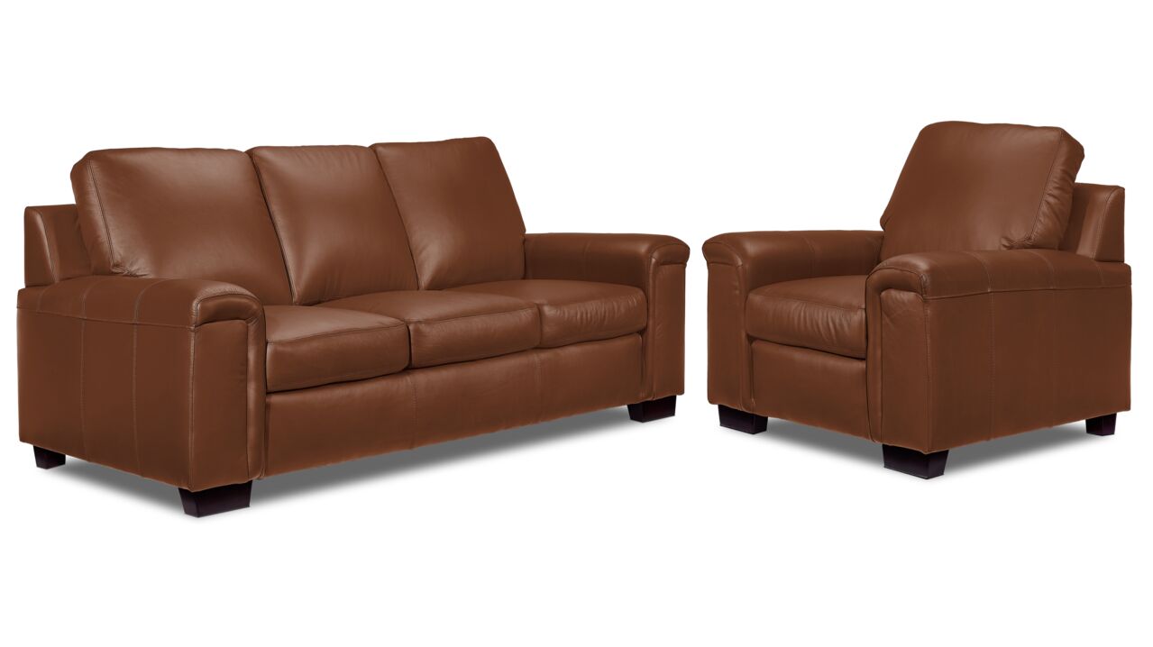 Icon Leather Sofa and Chair Set - Saddle