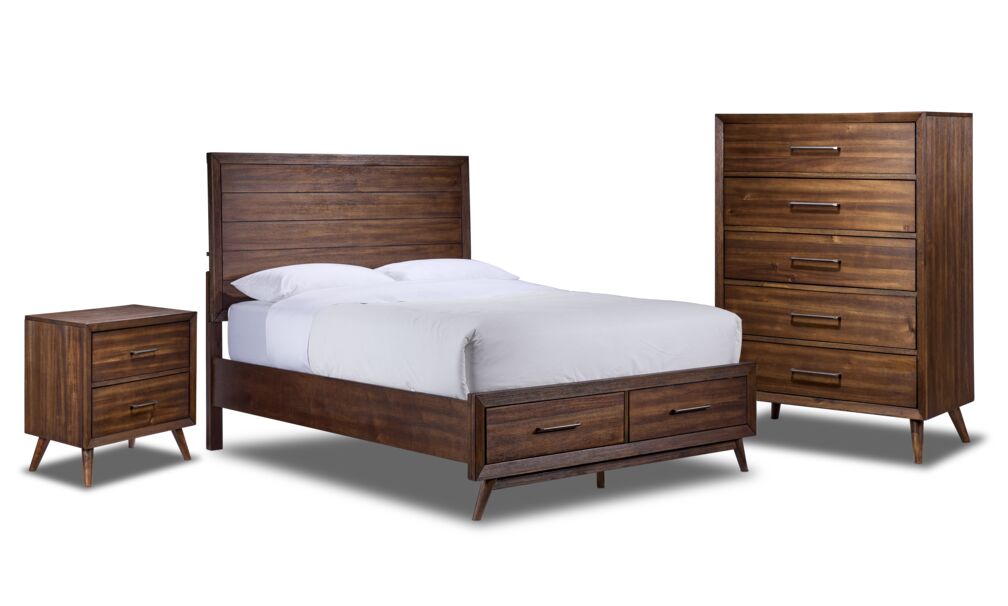 Lotus 5 Piece King Panel Storage Bedroom Package - Wire Brushed Brown