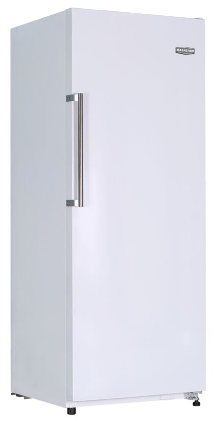 A front view of the 28" Energy Efficient Marathon Refrigerator in white with silver metal hardware.