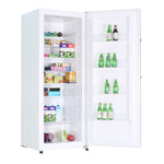 A white refrigerator with an open door displaying ample storage for groceries.